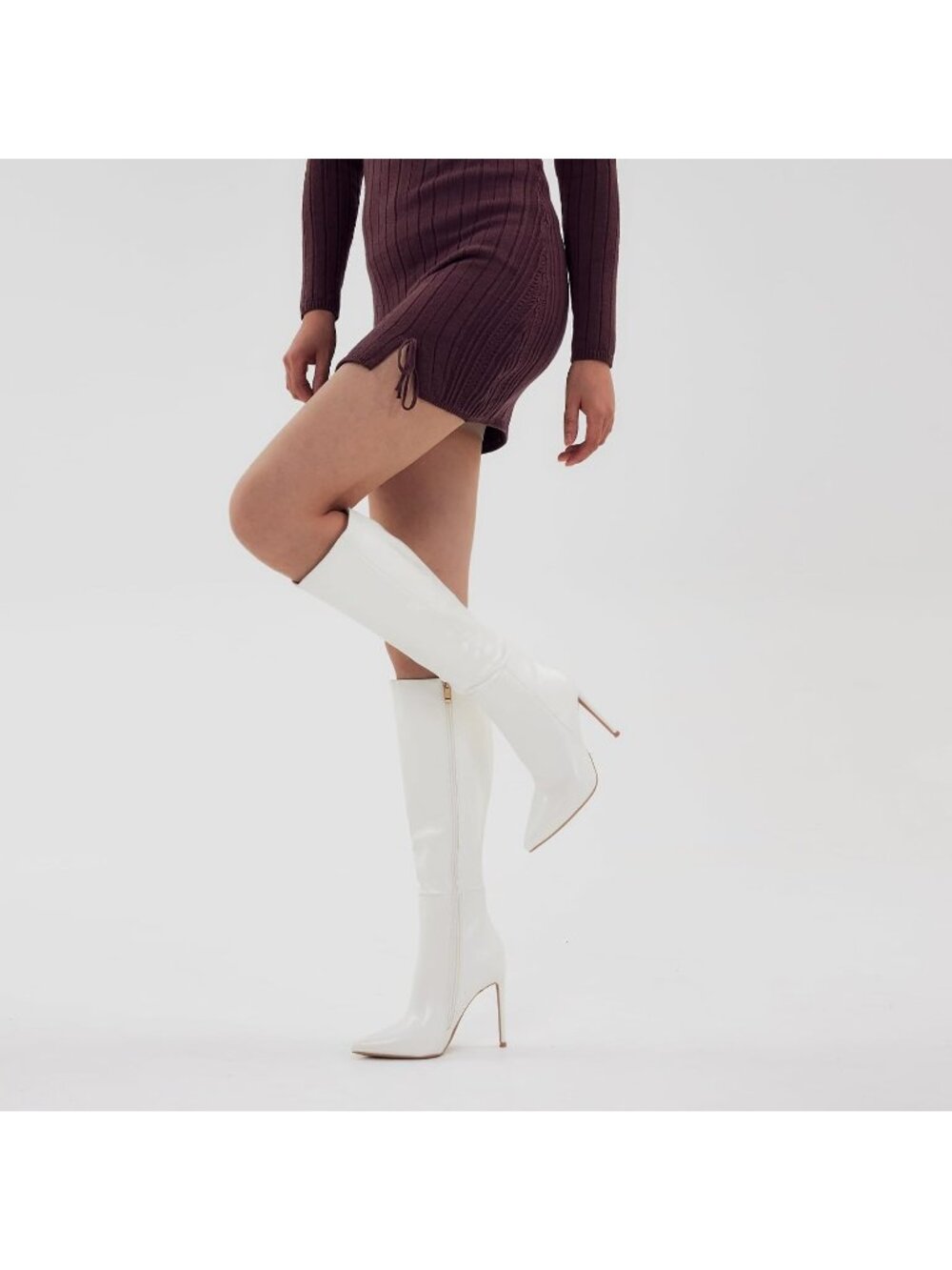 Women's Chaste White Stiletto Heel Closed Toe Knee High Zipper Ankle Booties - Picture 2 of 6